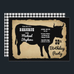 Invitation Rustic Country Cow 30th Birthday Party Barbeque<br><div class="desc">Style rustique ferme avec aspect vieilli,  déchirée en papier et des chèques de buffle noir et blanc comme arrière - plans pour une silhouette de vache noire "BARBEQUE" Design de fête d'anniversaire par Holiday Hearts Designs (droits réservés).</div>