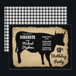 Invitation Rustic Country Cow 40th Birthday Party Barbeque<br><div class="desc">Style rustique ferme avec aspect vieilli,  déchirée en papier et des chèques de buffle noir et blanc comme arrière - plans pour une silhouette de vache noire "BARBEQUE" Design de fête d'anniversaire par Holiday Hearts Designs (droits réservés).</div>