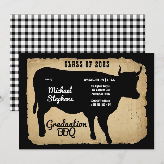 Invitation Rustic Country Cow Graduation Party Jardin BBQ (Devant / Derrière)