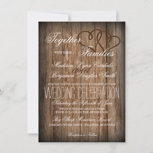 Invitation Rustic Country Double Coeurs Wood Wedts Invite (Devant)