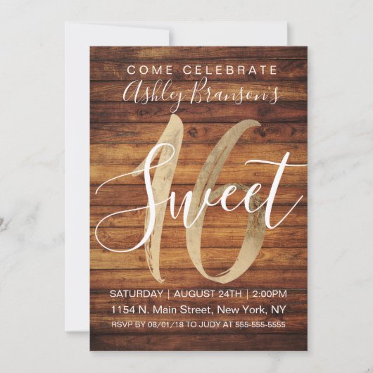 Invitation Rustic Country Faux Gold Foil Wood Sweet 16 (Devant)
