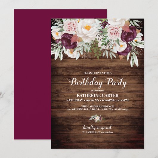 Invitation Rustic Country Floral Aquarelle fête d'anniversair (Devant / Derrière)