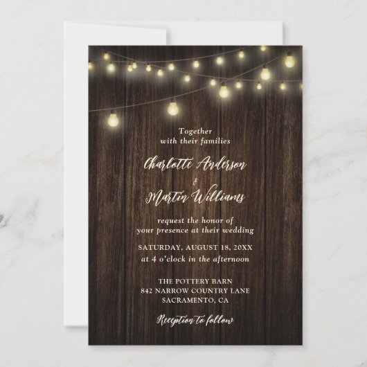 Invitation Rustic Country Grange Bois Chaîne Lumière Mariage (Devant)