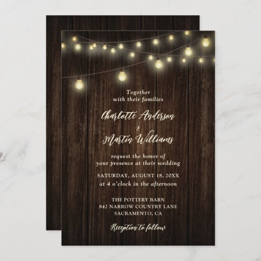 Invitation Rustic Country Grange Bois Chaîne Lumière Mariage (Devant / Derrière)