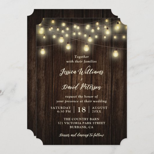 Invitation Rustic Country Grange Bois Chaîne Lumière Mariage (Devant / Derrière)