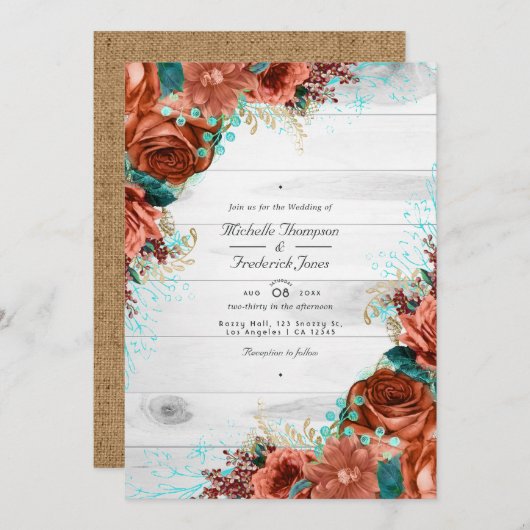 Invitation Rustic Country Grange Coral et Turquoise Floral Ma (Devant / Derrière)