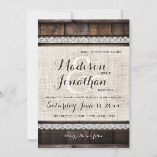 Invitation Rustic Country Grange Dentelle en bois de bois Inv (Devant)