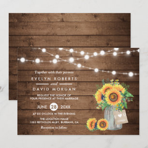 Invitation Rustic Country Grange Lumières Sunflower Mariage