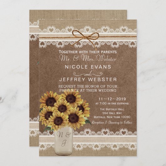 Invitation Rustic Country Grange Mariage Sunflower Mason Card (Devant / Derrière)