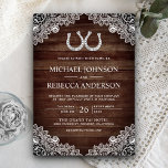 Invitation Rustic Country Grange Wood Horseshoe Lace Mariage<br><div class="desc">Éblouissez vos invités avec ce faire-part de mariage à thème occidental avec de beaux fer à cheval et de la dentelle blanche sur un arrière - plan rustique en bois de grange. Ajoutez simplement les détails de votre événement sur ce modèle facile à utiliser pour en faire une invitation unique....</div>