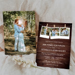 Invitation Rustic Country Grange Wood Photo Collage Mariage<br><div class="desc">Éblouissez vos invités avec cette élégante faire-part de mariage à thème rustique avec un beau modèle photo à linge sur un arrière - plan rustique en bois de grange. Ajoutez simplement les détails de votre événement sur ce modèle facile à utiliser et ornez cette carte avec vos photos préférées pour...</div>