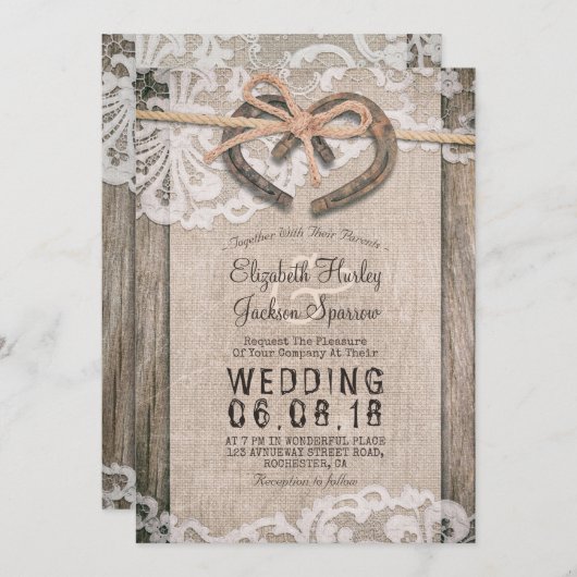 Invitation Rustic Country Horseshoe Burlap Lace Barn Mariage (Devant / Derrière)