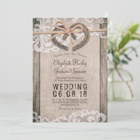 Invitation Rustic Country Horseshoe Burlap Lace Barn Mariage (Debout devant)
