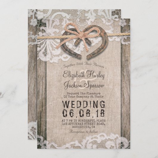 Invitation Rustic Country Horseshoe Burlap Lace Barn Mariage (Devant / Derrière)