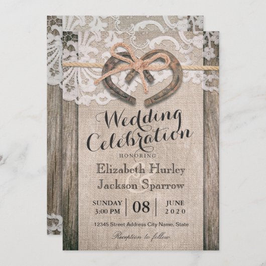 Invitation Rustic Country Horseshoe Burlap Lace Mariage (Devant / Derrière)