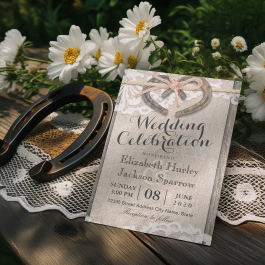 Invitation Rustic Country Horseshoe Burlap Lace Mariage
