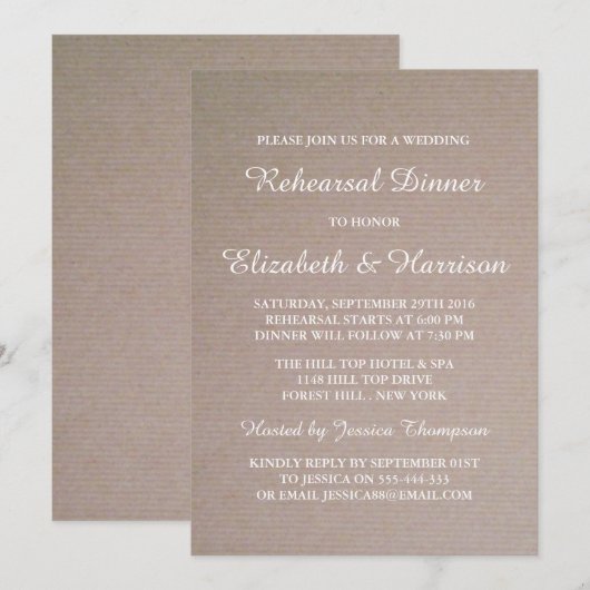 Invitation Rustic Country Kraft Dîner de répétition Mariage (Devant / Derrière)