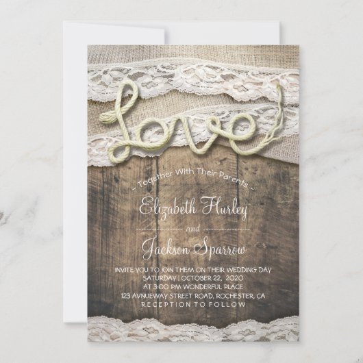 Invitation Rustic Country Love Rope Burlap Lace Barn Mariage (Devant)