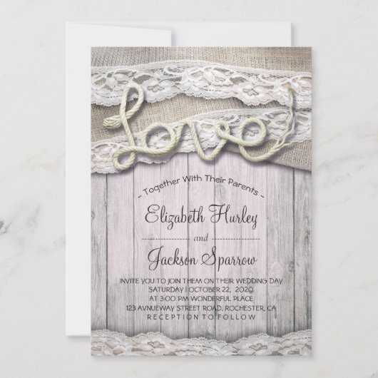 Invitation Rustic Country Love Rope Burlap Lace Barn Mariage (Devant)