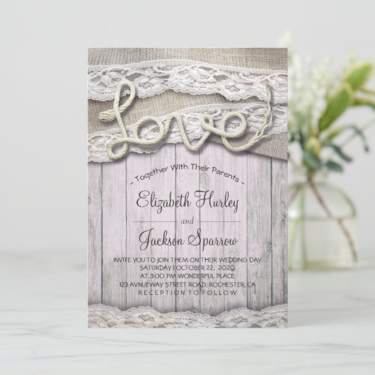 Invitation Rustic Country Love Rope Burlap Lace Barn Mariage (Debout devant)