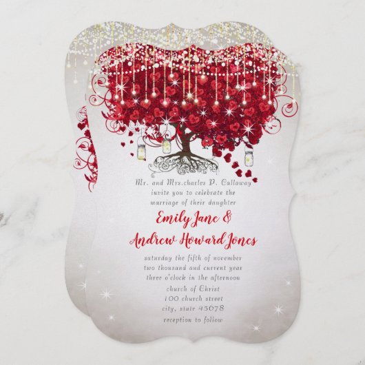 Invitation Rustic Country Mason Jar Rouge & Arbre Argent Mari (Devant / Derrière)