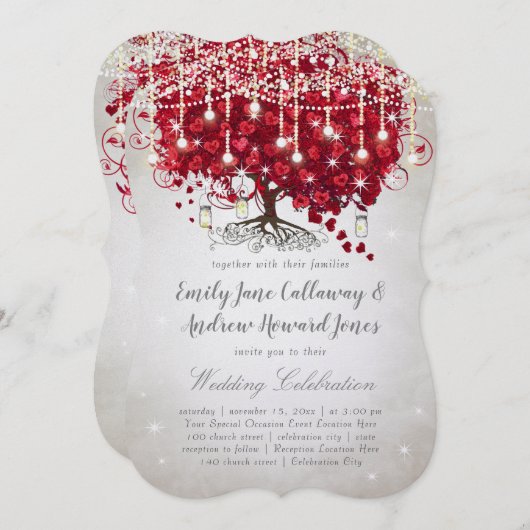 Invitation Rustic Country Mason Jar Rouge & Arbre Argent Mari (Devant / Derrière)