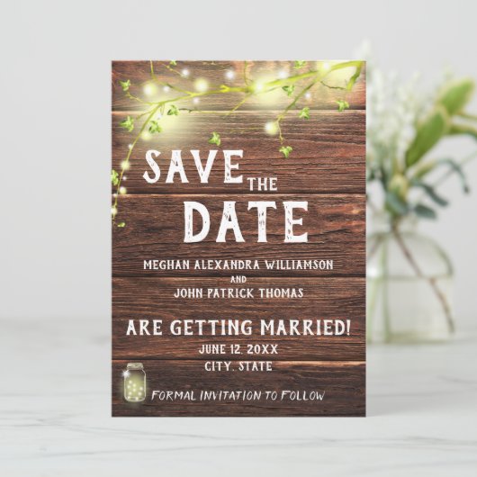 Invitation Rustic Country Mason String Lights Enregistrer La  (Debout devant)