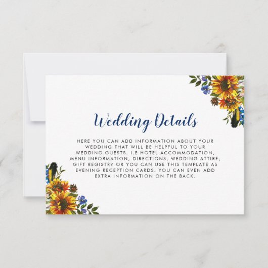 Invitation Rustic Country Navy Blue Sunflower Détails du Mari (Devant)