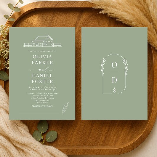 Invitation Rustic Country Ranch Line Art Sage Green Wedding