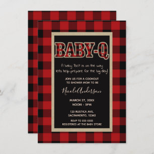 Invitation Rustic Country Red Buffalo Plaid BABY Q BBBQ Douch
