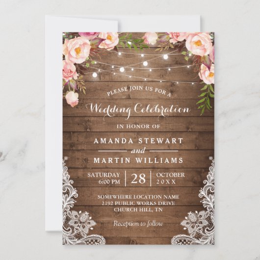 Invitation Rustic Country String éclaire Floral Lace Mariage (Devant)