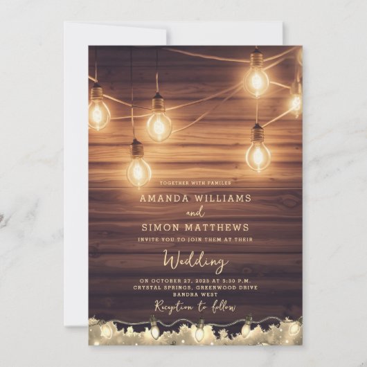 Invitation Rustic Country String lights Barre Mariage bois (Devant)