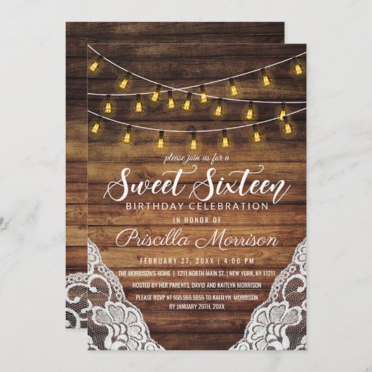 Invitation Rustic Country String Lights Wood Lace Sweet 16 (Devant / Derrière)