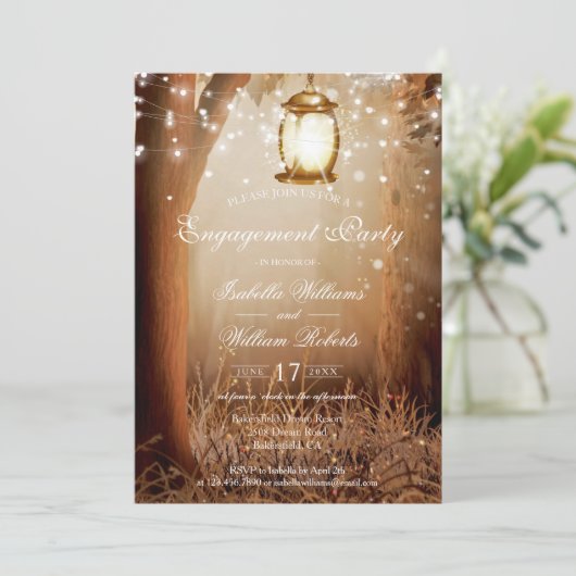 Invitation Rustic Country Tree String Lights Partie d'engagem (Debout devant)