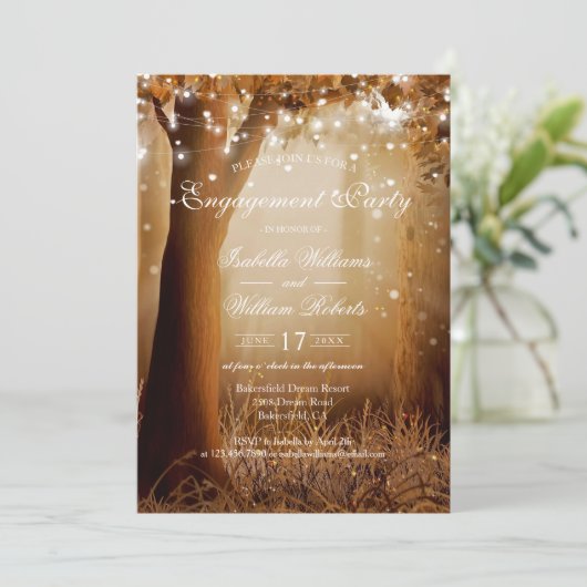 Invitation Rustic Country Tree String Lights Partie d'engagem (Debout devant)