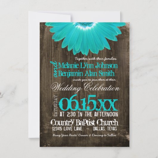 Invitation Rustic Country Turquoise Daisy Wood Wedding Invita (Devant)