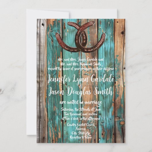 Invitation Rustic Country Turquoise Grange Bois fer à cheval  (Devant)