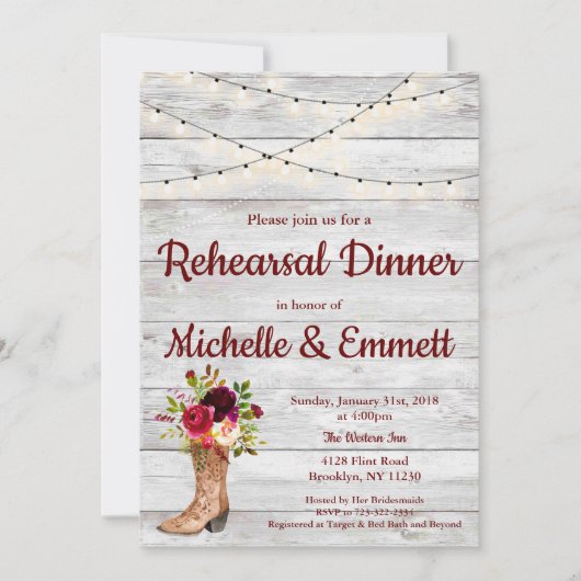 Invitation Rustic Country Western Boot Boho Dîner de répétiti (Devant)