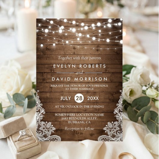 Invitation Rustic Country Wood Twinkle Mariage de dentelle