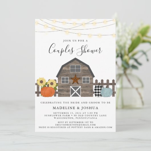 Invitation Rustic Couples Douche Automne Pays Grange (Debout devant)