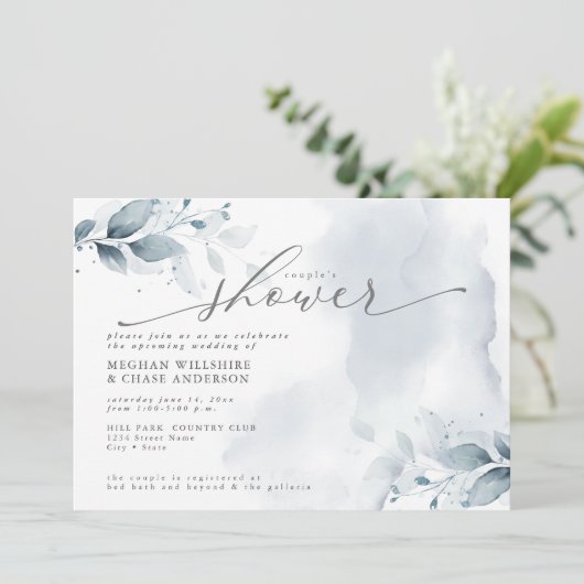 Invitation Rustic Couple's Douche Dusty Blue Foliage Invitat (Debout devant)