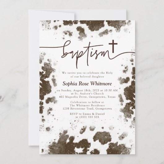 Invitation Rustic Cow Print Western Baptism (Devant)