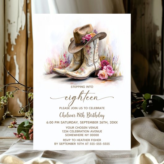 Invitation Rustic Cowgirl Boots and Hat 18th Birthday Party
