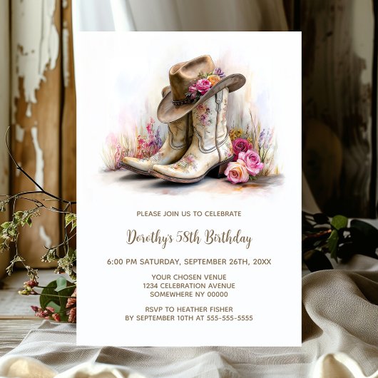 Invitation Rustic Cowgirl Boots and Hat Birthday Party