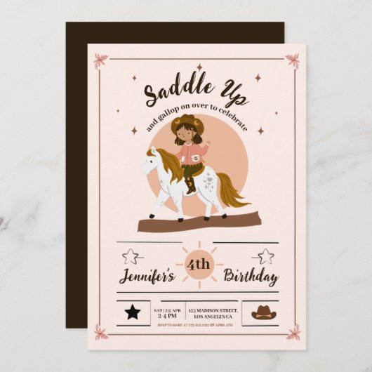 Invitation Rustic Cowgirl Saddle Up 4e anniversaire (Devant / Derrière)