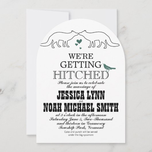 Invitation Rustic Cute Fox Romantic Green Hearts Mariage (Devant)