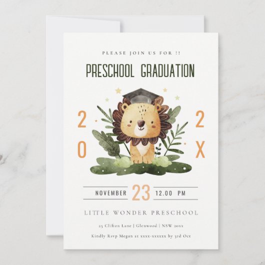 Invitation Rustic Cute Kids Lion Foliage Préscolaire Graduati (Devant)