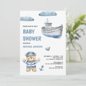 Invitation Rustic Cute Teddy Bear Nautical Boat Baby Shower (Debout devant)