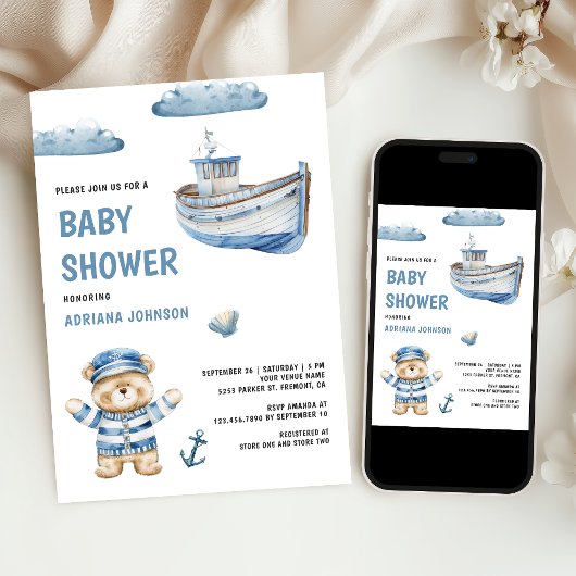 Invitation Rustic Cute Teddy Bear Nautical Boat Baby Shower
