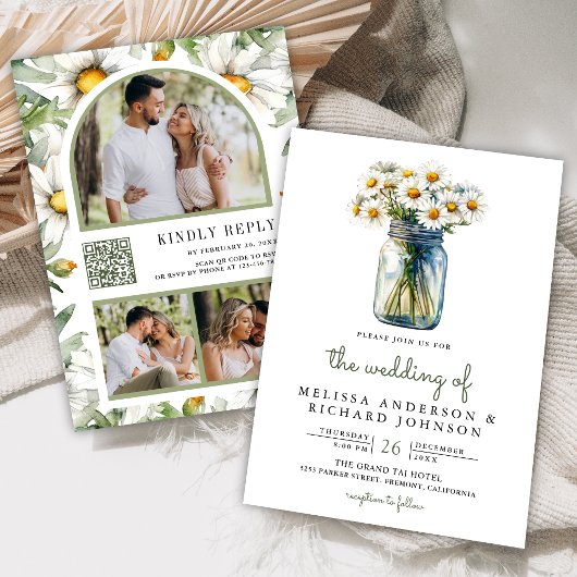 Invitation Rustic Daisies Floral Mason Jar QR Code Wedding
